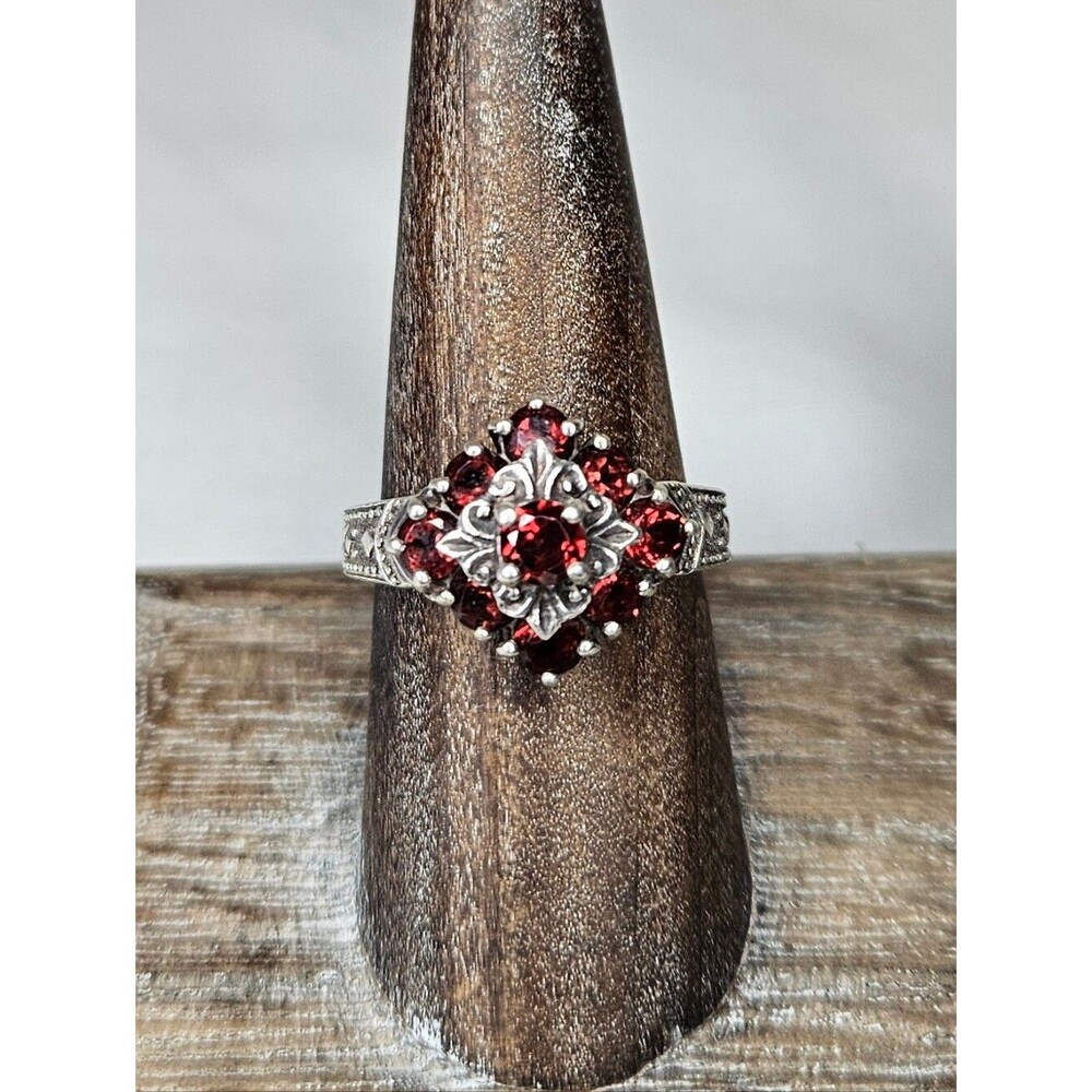Pranda CNA Vintage Sterling Silver Garnet Marcasite Square Halo Ring Size 8